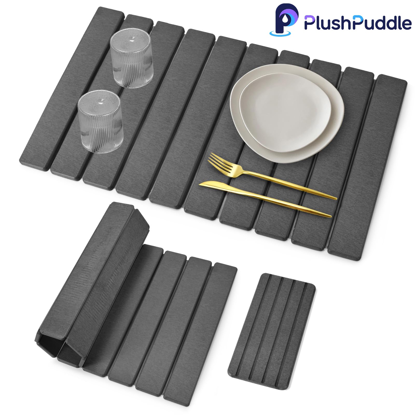 PlushPuddle Large Stone Dish Drying Mat for Kitchen Counter – 24"(L)×16 "(W) Foldable Super Absorbent Diatomaceous Earth Dish Drying Mat, Kitchen Counter Mats for Plate Rack, Cups, Match Any Countertop - Gray