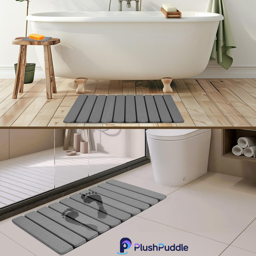 PlushPuddle Foldable Stone Bath Mat, 2 PCS Quick-Dry Diatomaceous Earth Stone Drying Mat for Bathroom, Non-Slip Rubber Base, Shower Mat Outside Shower, Easy to Store, Easy to Clean (Grey 24"×16" & 8"x4")