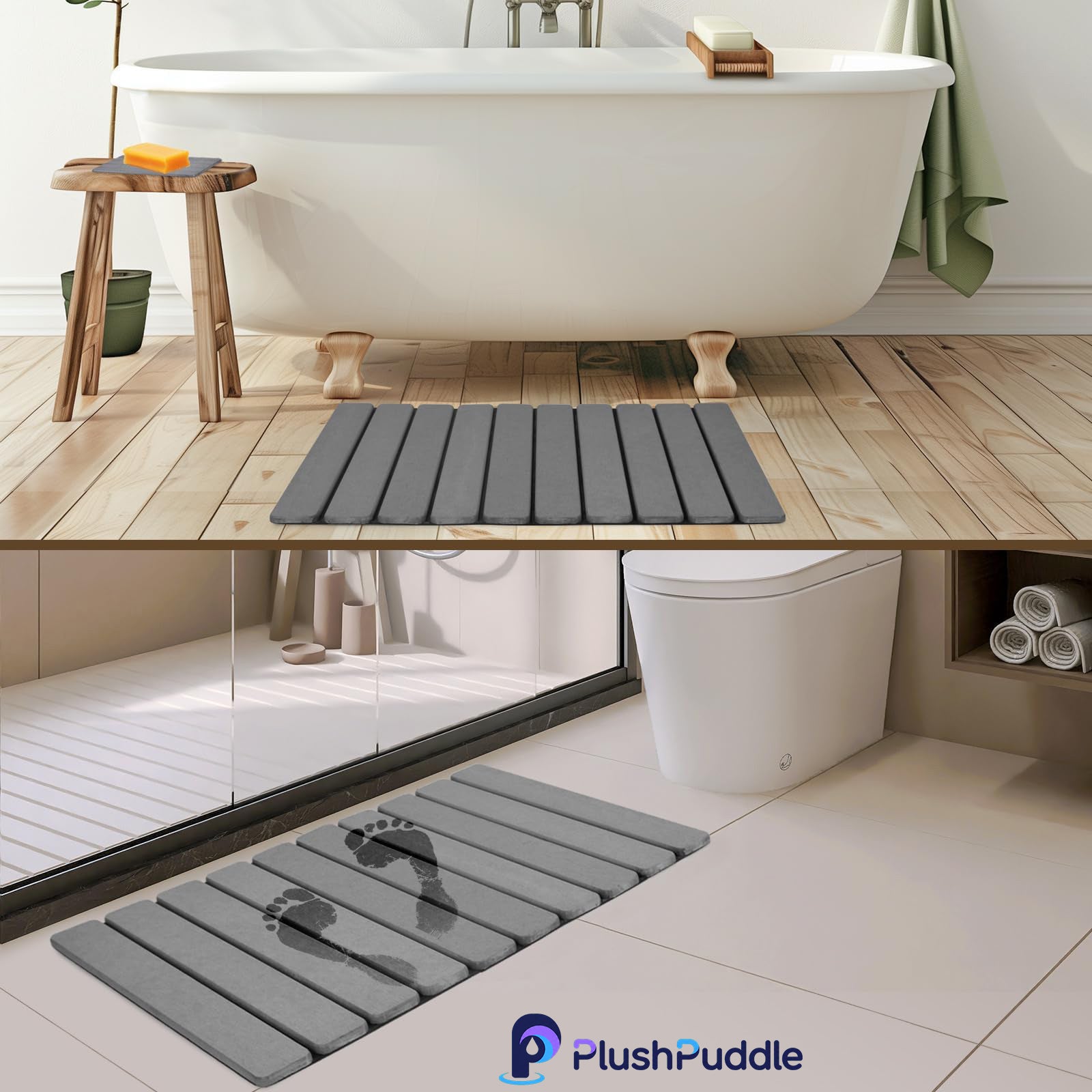 Stone Bath Mat for Bathroom, Diatomaceous Earth Shower Mat, Quick Dry, Grey | Fast Drying, Super Absorbent, Natural Diatomaceous Earth, Non-Slip Design, Easy to Clean