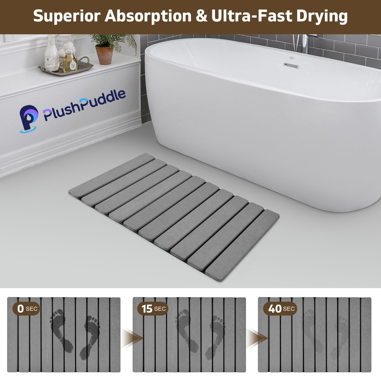 Stone Bath Mat for Bathroom, Diatomaceous Earth Shower Mat, Quick Dry, Grey | Fast Drying, Super Absorbent, Natural Diatomaceous Earth, Non-Slip Design, Easy to Clean
