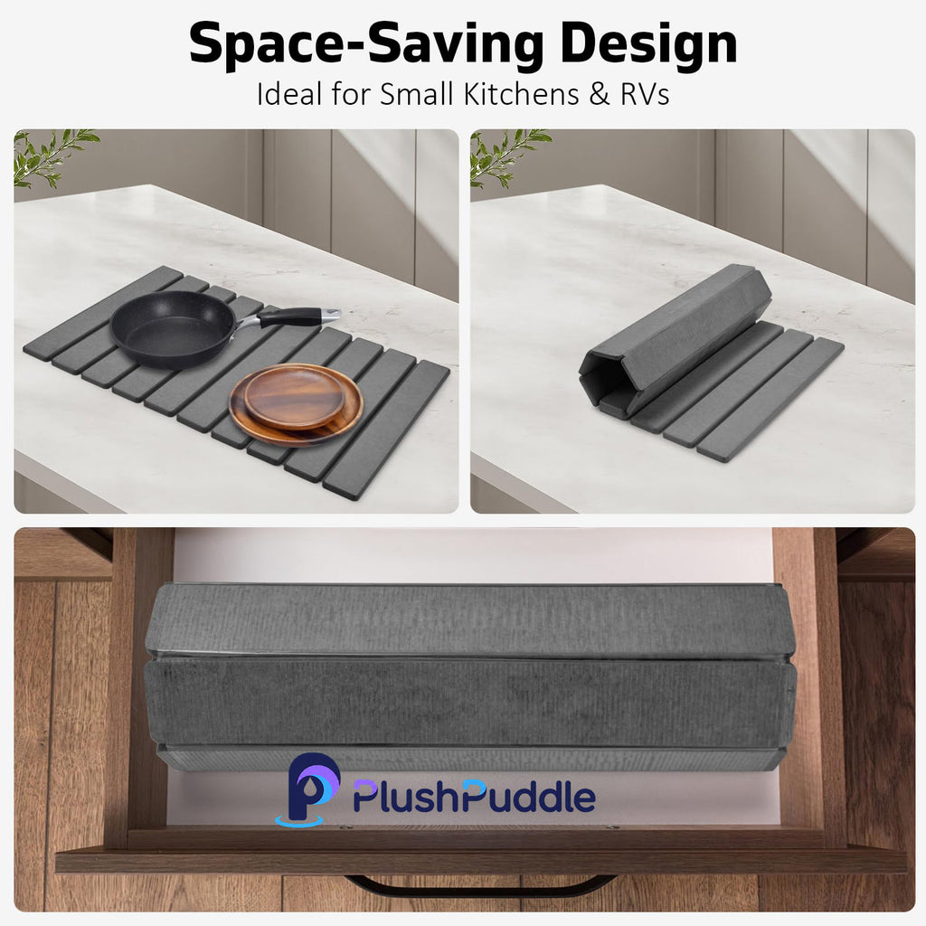 PlushPuddle Large Stone Dish Drying Mat for Kitchen Counter – 24"(L)×16 "(W) Foldable Super Absorbent Diatomaceous Earth Dish Drying Mat, Kitchen Counter Mats for Plate Rack, Cups, Match Any Countertop - Gray