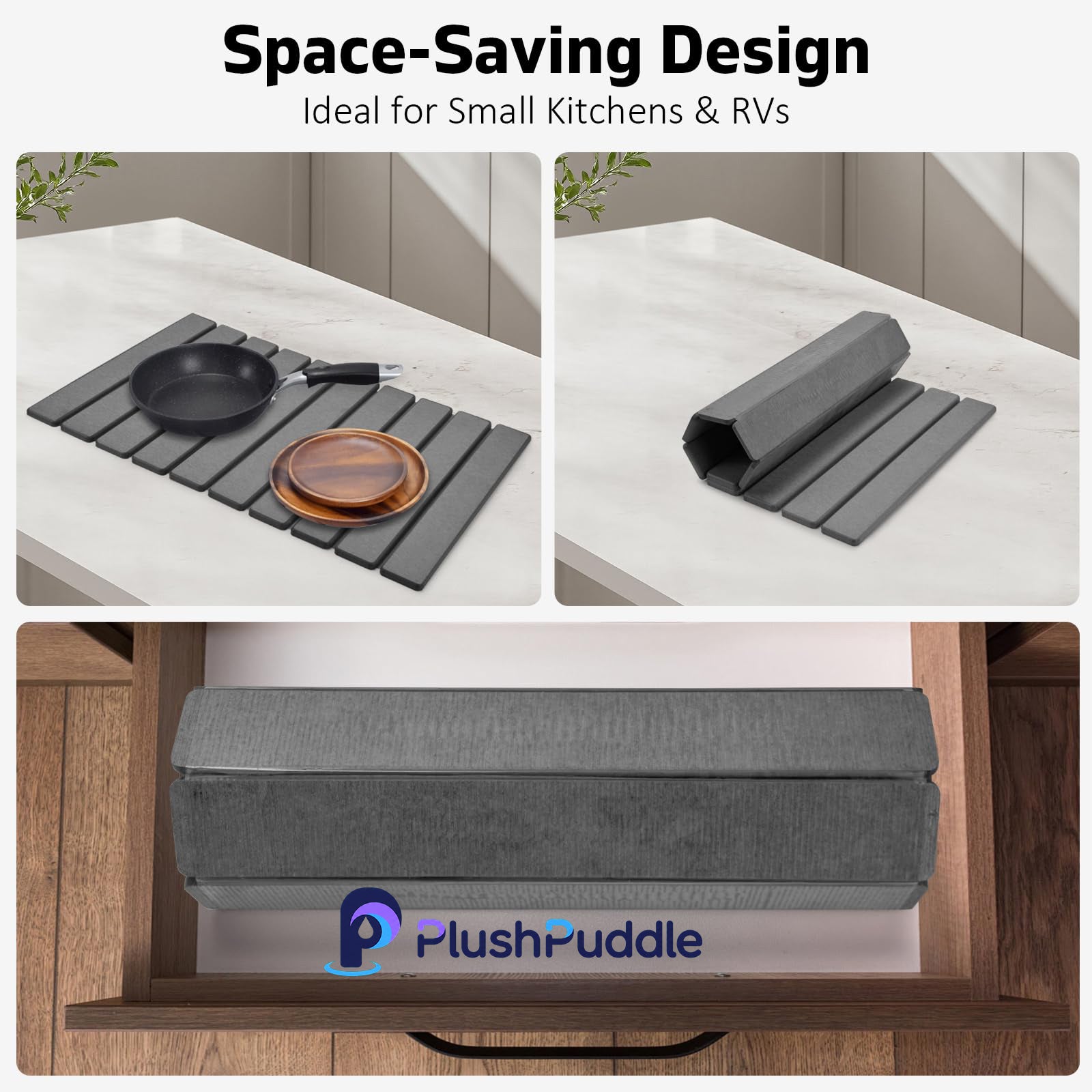 PlushPuddle Large Stone Dish Drying Mat for Kitchen Counter – 24"(L)×16 "(W) Foldable Super Absorbent Diatomaceous Earth Dish Drying Mat, Kitchen Counter Mats for Plate Rack, Cups, Match Any Countertop - Gray