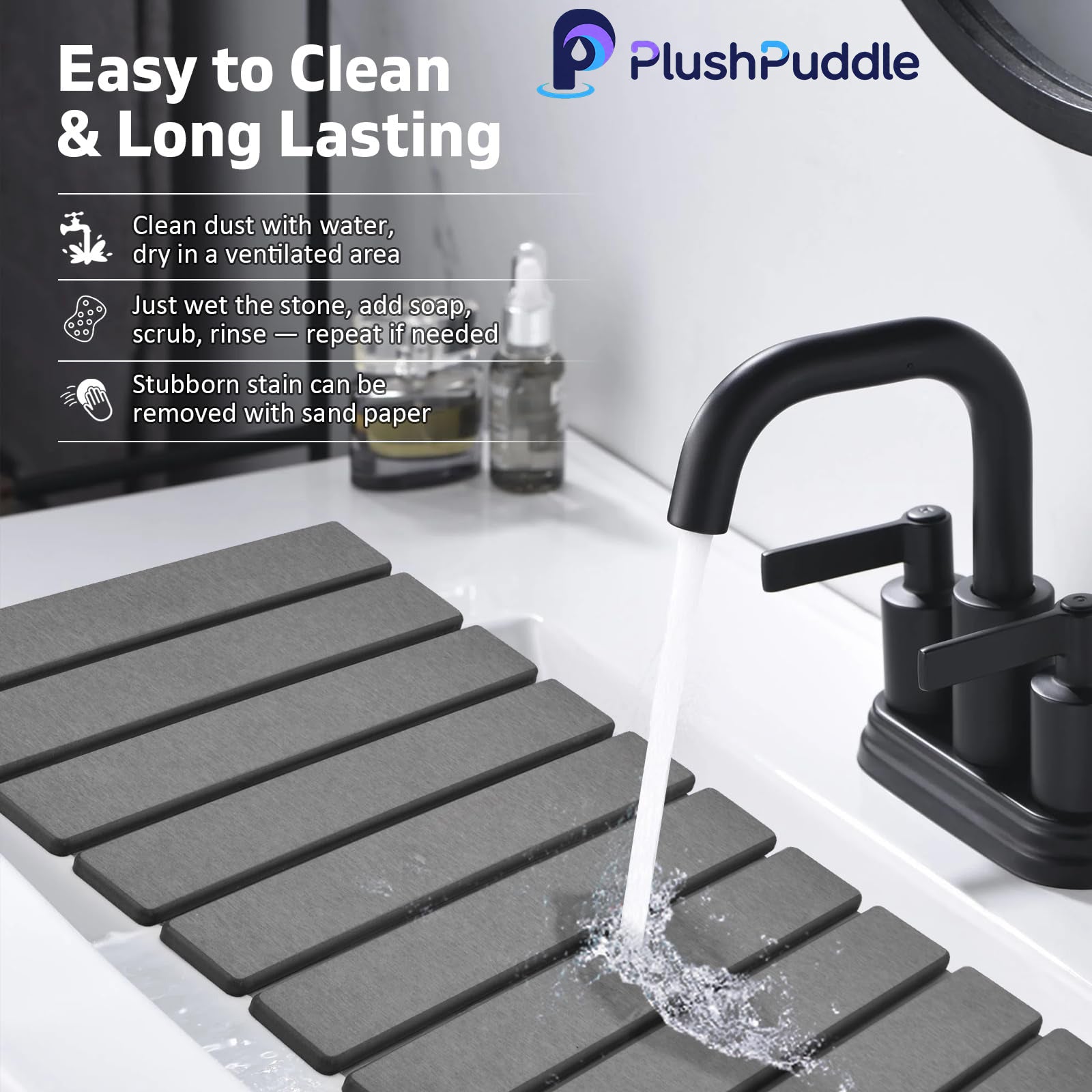 PlushPuddle Large Stone Dish Drying Mat for Kitchen Counter – 24"(L)×16 "(W) Foldable Super Absorbent Diatomaceous Earth Dish Drying Mat, Kitchen Counter Mats for Plate Rack, Cups, Match Any Countertop - Gray