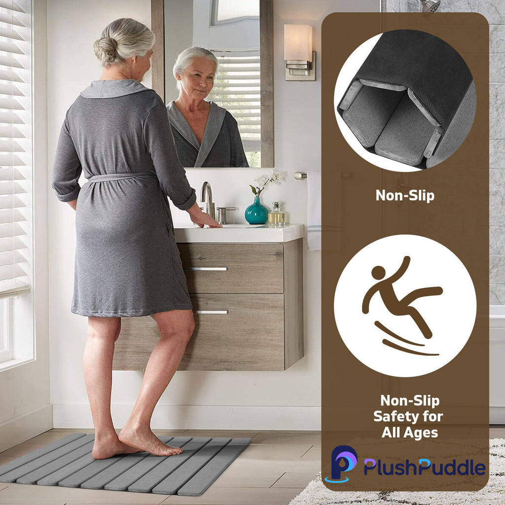 PlushPuddle Foldable Stone Bath Mat, 2 PCS Quick-Dry Diatomaceous Earth Stone Drying Mat for Bathroom, Non-Slip Rubber Base, Shower Mat Outside Shower, Easy to Store, Easy to Clean (Grey 24"×16" & 8"x4")