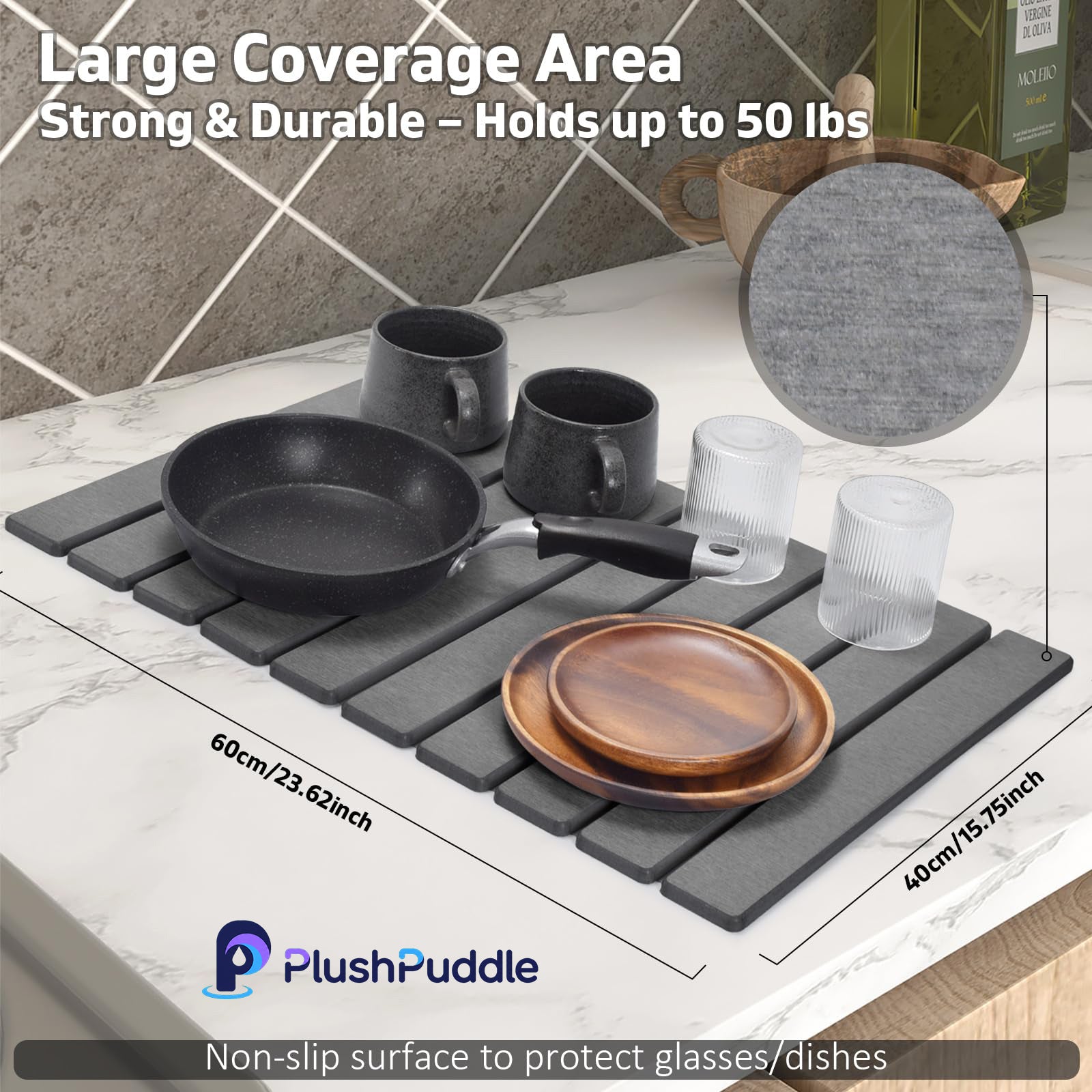 PlushPuddle Large Stone Dish Drying Mat for Kitchen Counter – 24"(L)×16 "(W) Foldable Super Absorbent Diatomaceous Earth Dish Drying Mat, Kitchen Counter Mats for Plate Rack, Cups, Match Any Countertop - Gray