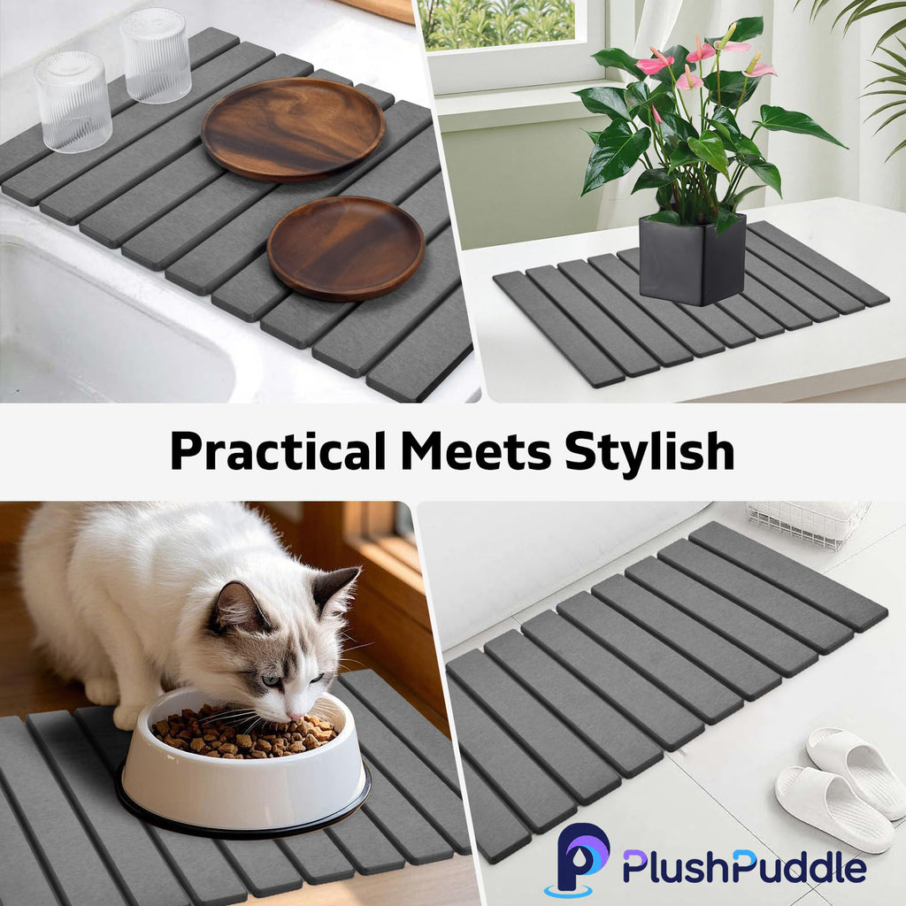 PlushPuddle Large Stone Dish Drying Mat for Kitchen Counter – 24"(L)×16 "(W) Foldable Super Absorbent Diatomaceous Earth Dish Drying Mat, Kitchen Counter Mats for Plate Rack, Cups, Match Any Countertop - Gray